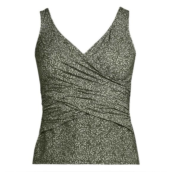 Land's End Plus Size slender suit wrap tankini top olive, green thyme floral 14 - Picture 1 of 5